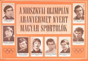 1980 Moszkvai olimpián aranyérmet nyert magyar sportolók (Magyar Zoltán, Növényi Norbert, Wladár Sándor stb.) plakát, ofszet, papír, feltekerve, lapszéli sérülésekkel, 66x95 cm