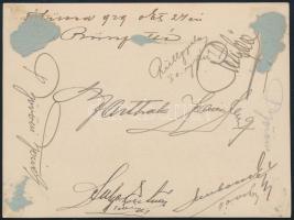 1929 Horthy-korszak, katonatisztek csoportképe, fotó, hátoldalán saját kezű aláírásaikkal, feliratoz...