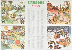 1980 Szabad Föld naptár plakát, Endrődi István (1920-1988) karikatúráival, Állami Biztosító reklámmal, Offset és Játékkártya Nyomda, ofszet, papír, feltekerve, hajtásnyommal, 42×58 cm