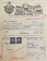 1927 Markus Pick Salami Fabruk Paprika- u. Fettwaren-Geschäft, Pick szalámi gyár fejléces számlája, 2 db 5 f. okmánybélyeggel.
