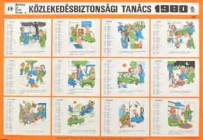 1980 Közlekedésbiztonsági Tanács naptár plakát, Balázs Piri Balázs (1937-2014) karikatúráival, ofszet, papír, feltekerve, 47×67 cm