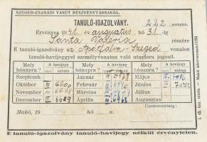 1940 Szeged-Csanádi Vasút fényképes tanuló igazolvány a Liszt Ferenc Zeneiskola pecsétjével