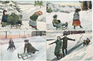 4 db RÉGI hosszú címzéses téli sport motívum képeslap: szánkózók / 4 pre-1905 winter sport motive postcards: sledding