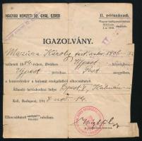 1918.XI.14. Bp., Magyar Nemzeti Hadsereg 32. gyalogezred leszerelési igazolvány Mazura Károly részére, parancsnoki aláírással, pecséttel