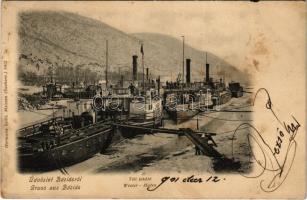 1901 Báziás, téli kikötő, MÁV vontatóhajók és háttérben kotróhajó / Winter-Hafen / towing steamships and dredge in the background, winter port + BÁZIÁS - BUDAPEST 3. SZ. vasúti mozgóposta bélyegző (fl)