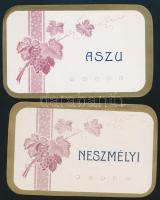 cca 1900 Neszmélyi borcímke koronás + Aszú címke. Litho 11,5x7 cm