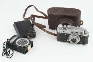 cca 1950 Zorkij-1C szovjet távmérős fényképezőgép, Industar-22 objektívvel, eredeti bőr tokjában + Leningrad 6 fénymérő / Vintage USSR rangefinder camera, in original leather case + light meter