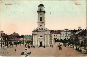 1909 Lugos, Lugoj; Izabella tér, templom, Rosenthal Adolf, Grosz Ignác utóda üzlete. Nemes Kálmán kiadása / square, church, shops