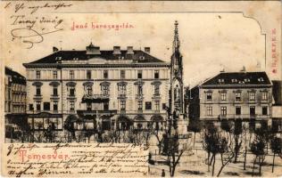 1904 Temesvár, Timisoara; Jenő herceg tér, Turul cipőgyár rt. főraktára, Temesi Agrár Takarékpénztár, villamos. D.K.F.E. 33. / square, warehouse, savings bank, tram (fl)