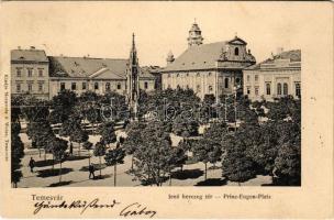 1904 Temesvár, Timisoara; Jenő herceg tér, emlékmű, piac. Morawetz & Weisz kiadása / square, monument, market + ORSOVA - BUDAPEST 76. SZ. vasúti mozgóposta bélyegző