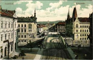 1912 Kolozsvár, Cluj; Erzsébet út, Erdélyi Általános Takarék és Hitelszövetkezet, híd, üzletek. Schuster Emil kiadása / street view, credit union and savings bank, bridge, shops (EK)