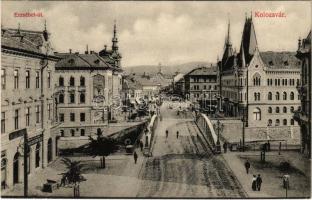 1907 Kolozsvár, Cluj; Erzsébet út, Erdélyi Általános Takarék és Hitelszövetkezet, híd, üzletek. Schuster Emil kiadása / street view, credit union and savings bank, bridge, shops