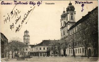 1917 Trencsén, Trencín; utca, főgimnázium, üzletek / street view, grammar school, shops (EK)