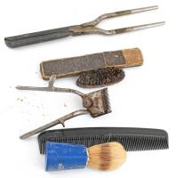 Vegyes fodrászkellékek: régi szakállnyíró, hajsütővas, solingeni borotva, bajuszkefe, stb., össz. 6 db