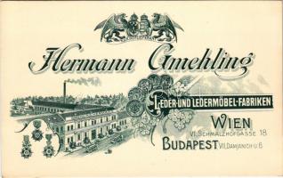 Budapest VII. Hermann Gmehling bőr- és bőrbútorgyára Budapesten és Bécsben. Damjanich utca 6. / Hermann Gmehling's Leder und Ledermöbel-Fabriken / advertisement card, leather and leather-furniture factory in Budapest and Wien. Art Nouveau, floral (non PC)