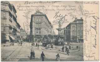 1905 Budapest VIII. Baross utca, Üllői út, Kálvin tér, villamos, gyógyszertár, szökőkút (fl)