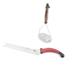 Kenyérszeletelő kés, újszerű állapotban, h: 38 cm + krumplinyomó, inox, fa nyéllel, h: 26 cm