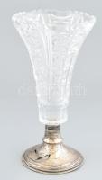 Ezüst (Ag) talpas kristály váza, erősen sérült, m: 25 cm