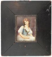 1860-70 körül: Női miniatűr, kézzel festett, keretben, jelzés nélkül. 8,5x6,5 cm