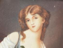 1860-70 körül: Női miniatűr, kézzel festett, keretben, jelzés nélkül. 8,5x6,5 cm