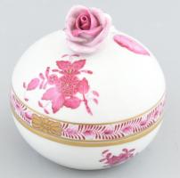 Herendi Apponyi mintás porcelán bonbonier, kézzel festett, jelzett, kopott, rózsán lepattansá d: 7,5 cm