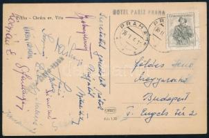 1941 Prága, hazaküldött képeslap a magyar asztalitenisz-válogatott tagjainak aláírásaival: Sidó, Juhos, Szepesi, Koczián Éva, stb. (össz. 13 db aláírás)