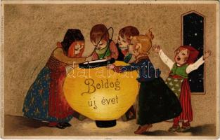 1907 Boldog Újévet! / New Year greeting art postcard with children and lamp. Meissner & Buch Künstler-Postkarten Serie 1332. Viel Glück zum Neuen Jahre litho (EB)