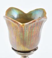 Zsolnay Tiffany-technikájú díszítménnyel készült kínáló, jelzés nélkül, ezüst (Ag) vésett és préselt...