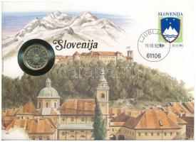 Szlovénia 1991. 0,10L sárgaréz kereskedelmi zseton felbélyegzett borítékban, bélyegzéssel, német nyelvű leírással T:1 patina Slovenia 1991. 0,10 Lipe brass trade token in envelope with stamp, cancellation and a prospectus in german C:UNC patina