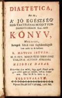 Mátyus István: Diaetetica, az az a jó egeszség meg-tartásának modját, fundamentumoson elö-ado könyv, mellyet, betegek körül való foglalatosságtól üres óráin írt és készített - -. Második darab. Kolozsvár, 1766, Páldi István, 21 sztl. lev+495 p.+7 sztl. lev. Korabeli bordázott egészbőr-kötésben, kopott borítóval, a hátsó borító felső sarkán sérüléssel, hiánnyal. sérült gerinccel, foltos, az elülső szennylap hiányzik, a hátsó szennylap szakadt. Első kiadás. Csak második rész!  kibédi Mátyus István (1725-1802) humanista orvos, Küküllő- és Marosszék főorvosa volt negyvenhárom évig. Az első magyar nyelvű egészségvédelmi és táplálkozástudományi munka szerzője. A mű egyik legfontosabb darabja a hazai orvostörténeti és a gasztronómiai irodalomnak egyaránt. Az első rész 1762-ben, a második rész 1766-ban jelent, aminek a sikere arra ösztönözte, hogy megírja Ó és Új Diaetetica című művét amely 1787-1793 között jelent meg. Ez azonban az első rész, második bővített kiadása, amely az 1766-os második részben tárgyalt kérdéseket nem tartalmazza.