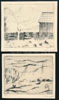 Pohárnok Zoltán (1905-1976): 4 db tájkép. Rézkarc, papír, egy kivételével jelzett. Egyik kissé gyűrö...