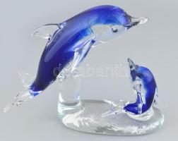 Kék üveg delfin figurák, apró kopásnyomokkal, 23x27x11 cm