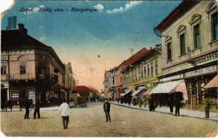 1918 Lugos, Lugoj; Király utca, Lugosi Üveggyár porcelánraktára, Schönborn Felix üzlete / street view, warehouse, shops (b)