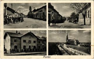 1941 Topolya, Bácstopolya, Backa Topola; vasútállomás, magyar zászló, kerékpárosok, templom / railway station, Hungarian flag, men with bicycles, church (szakadás / tear)