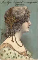 1904 Art Nouveau lady. Emb. litho + FIUME - ZÁGRÁB 63. SZ. vasúti mozgóposta bélyegző (EM)
