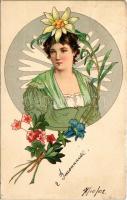 1902 Art Nouveau lady. Floral, litho (Rb)