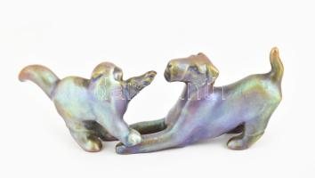 Zsolnay: Kutya macska barátság. Eozinmázas porcelánfajansz, jelzett, 1930-40 körül, minimális lepatt...