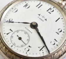 Eterna ezüst (Ag) ébresztős zsebóra. Szép számlappal, jelzett. Javításra szorul. d: 50 mm