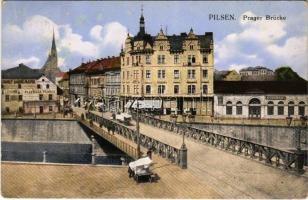 1915 Plzen, Pilsen; Prager Brücke / bridge, shops (EK)