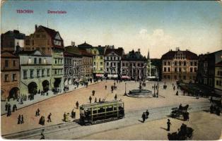1915 Cieszyn, Teschen; Demelplatz, Apotheke / square, tram, pharmacy, shops (EK)