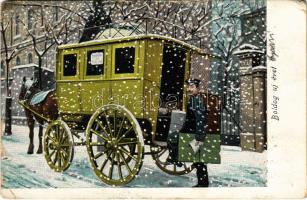 1904 Boldog Újévet! / New Year greeting art postcard with post carriage in winter (szakadás / tear)