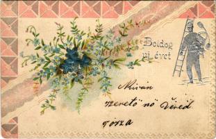 1901 Boldog Újévet! / New Year greeting art postcard with chimney sweeper. Art Nouveau, Floral, Emb. litho (EB)
