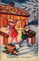 1938 Karácsonyi üdvözlet / Christmas greeting art postcard with gingerbread house. Rokat 1416. (EK)