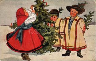 Karácsonyi üdvözlet / Christmas greeting art postcard with Christmas tree, Hungarian folklore (fa)
