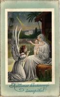 1912 Kellemes karácsonyi ünnepeket! / Christmas greeting art postcard with Jesus, Mary and angel (EK)