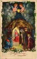 1940 Boldog karácsonyi ünnepeket! / Christmas greeting art postcard with Jesus and Mary. HWB Ser. 6930. (EK)