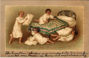 1902 Boys pillow fight. Emb. litho (lyuk / pinhole)