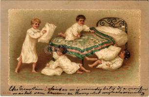 1902 Boys' pillow fight. Emb. litho (lyuk / pinhole)