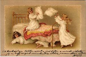 1902 Girls pillow fight. Emb. litho (lyuk / pinhole)