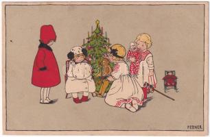 1913 Christmas greeting with teddy bear and clown doll. M. Munk Vienne Nr. 693. s: P. Ebner (ázott / wet damage)